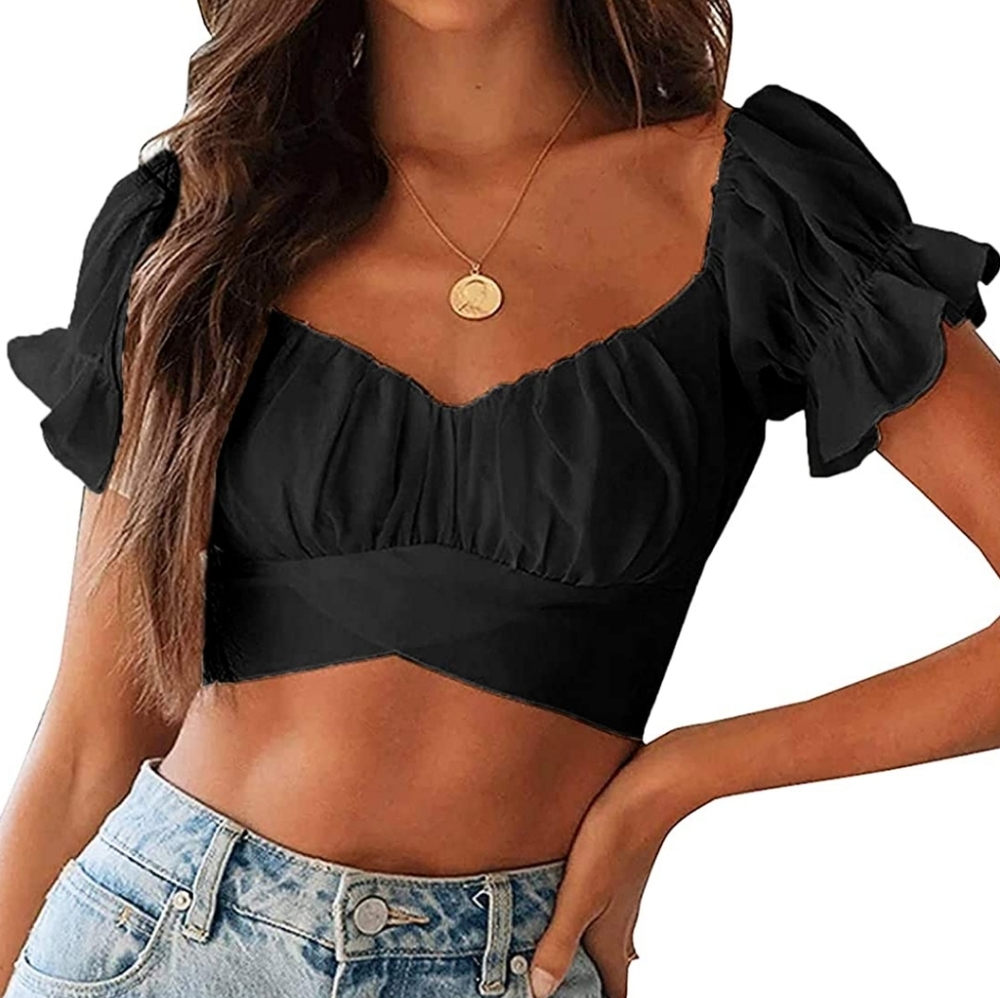 Black Crop Wrap Top
